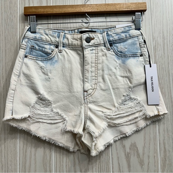 True Religion Women's CAIA High Rise Destroyed Frey Hem Denim Cutoffs Shorts - Picture 3 of 15